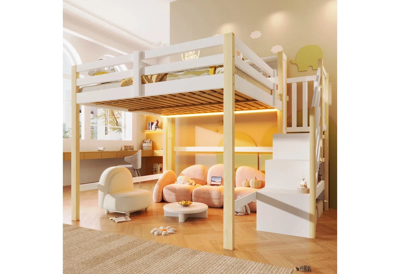 Merax Hochbett 140x200 mit LED-Beleuchtung und Stauraumtreppe - Bild 2