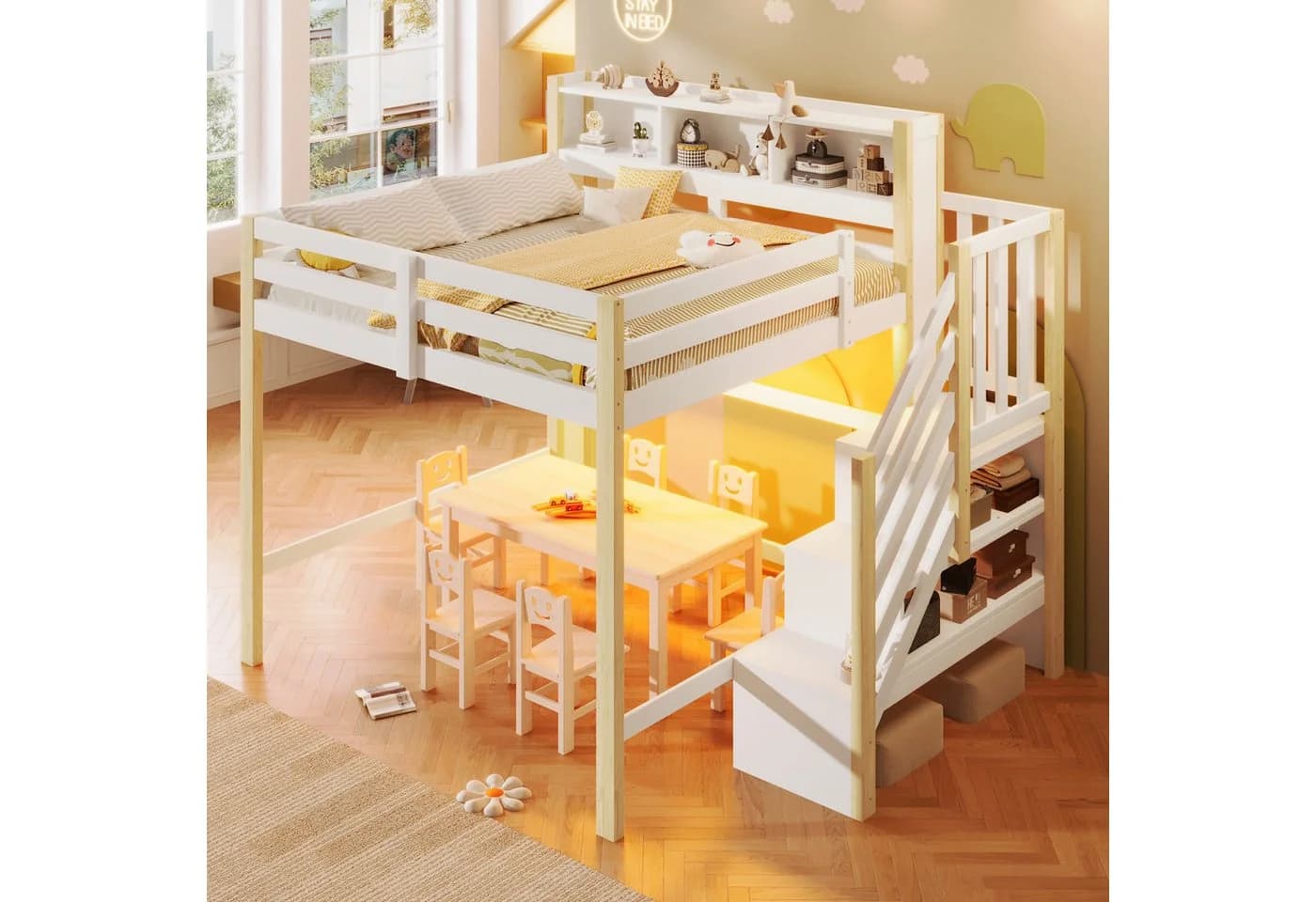 Merax Hochbett 140x200 mit LED-Beleuchtung und Stauraumtreppe - Bild 3