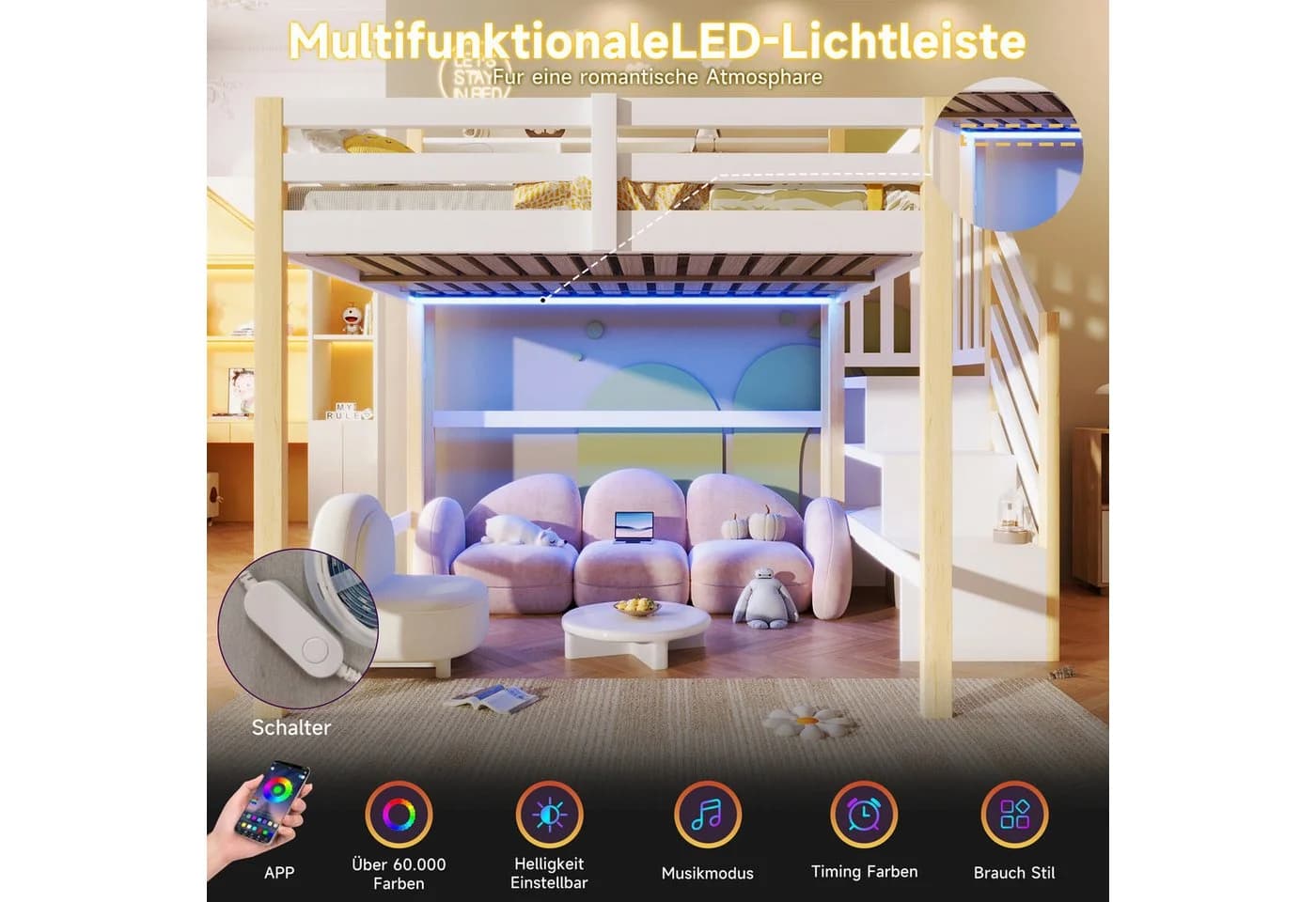Merax Hochbett 140x200 mit LED-Beleuchtung und Stauraumtreppe - Bild 4