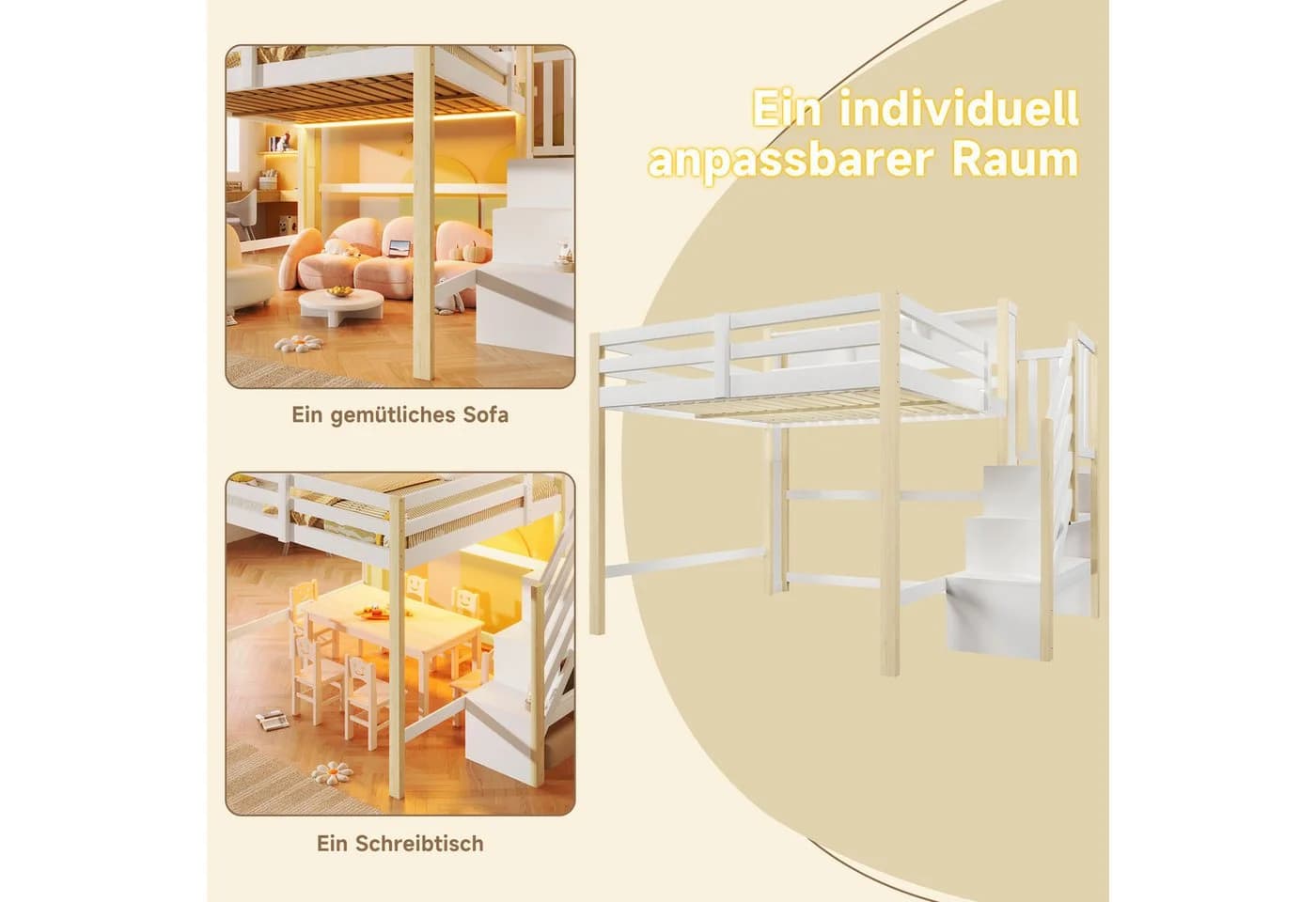 Merax Hochbett 140x200 mit LED-Beleuchtung und Stauraumtreppe - Bild 5