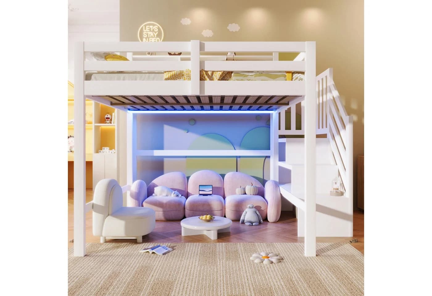 Merax Hochbett 140x200 cm mit LED-Beleuchtung und Stauraumtreppe Weiß