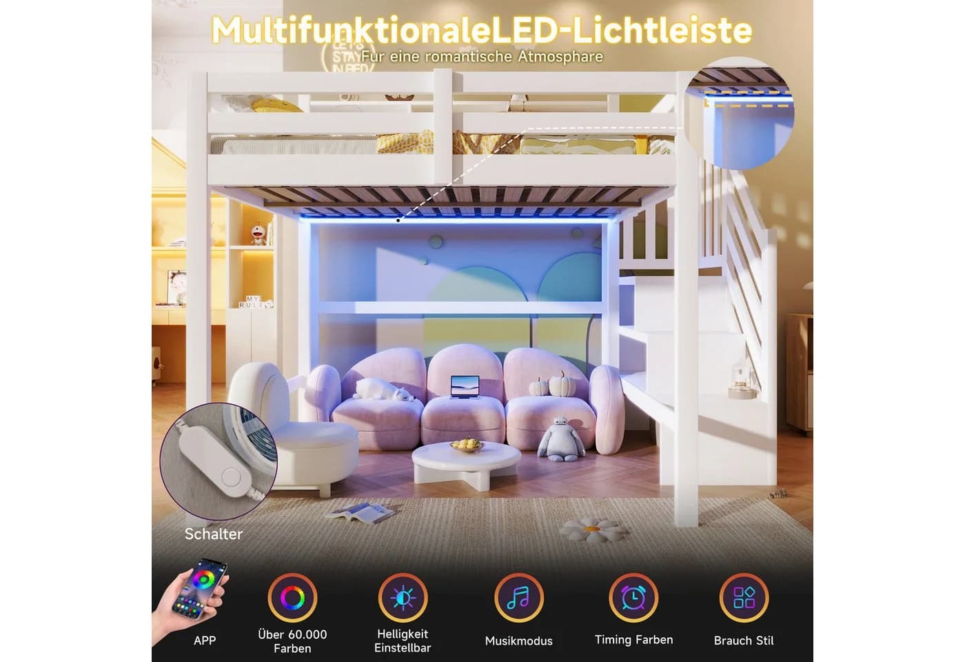 Merax Hochbett 140x200 cm mit LED-Beleuchtung und Stauraumtreppe Weiß - Bild 4