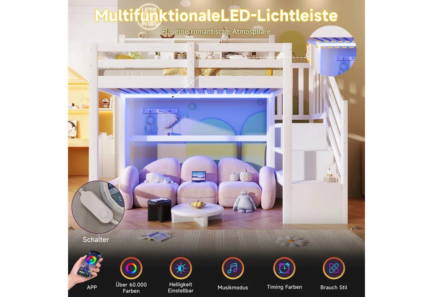 Merax Hochbett mit LED-Beleuchtung und Stauraumtreppe Weiß - Bild 5