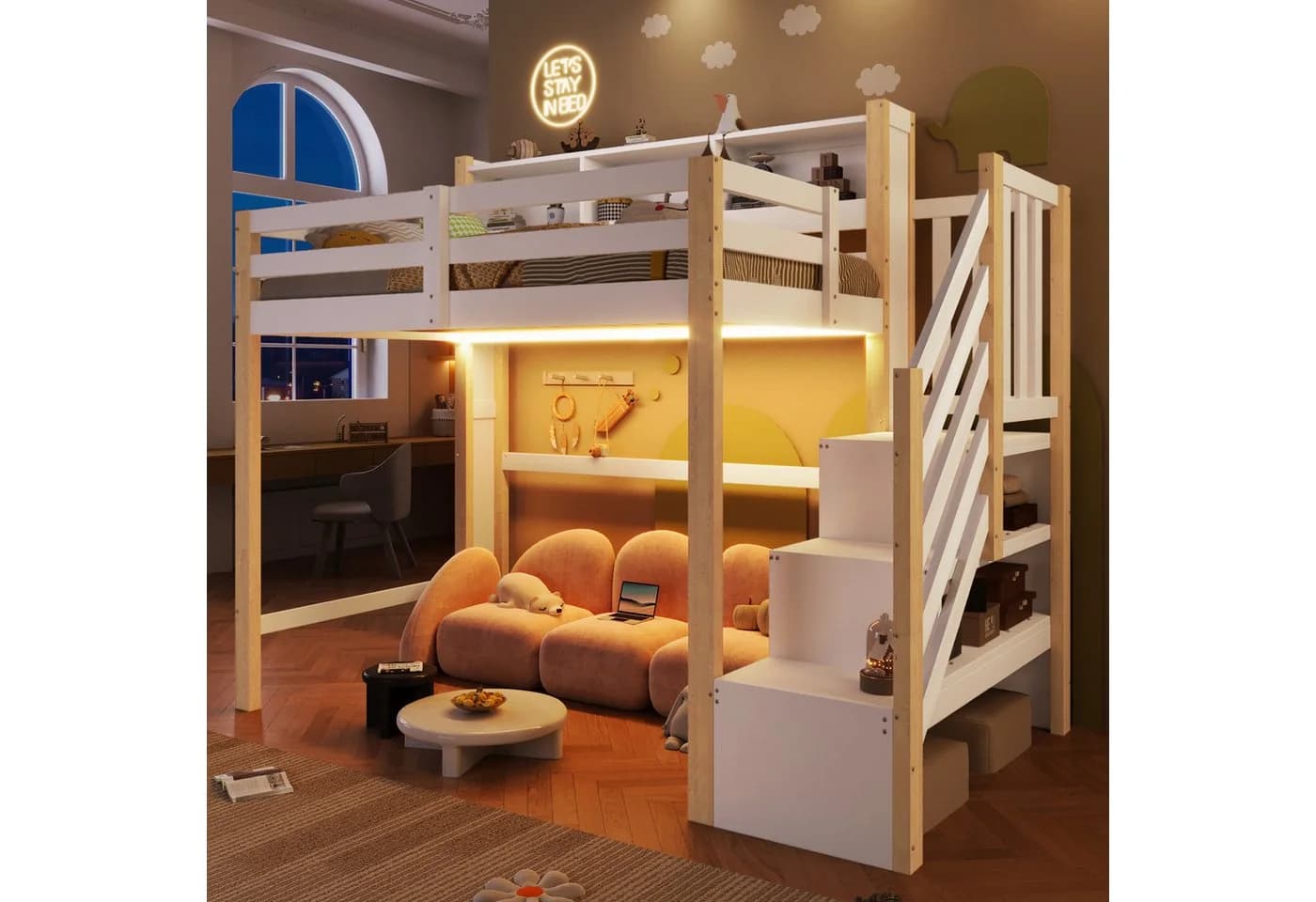 Merax Hochbett 90x200 cm mit LED-Beleuchtung & Stauraumtreppe - Bild 2