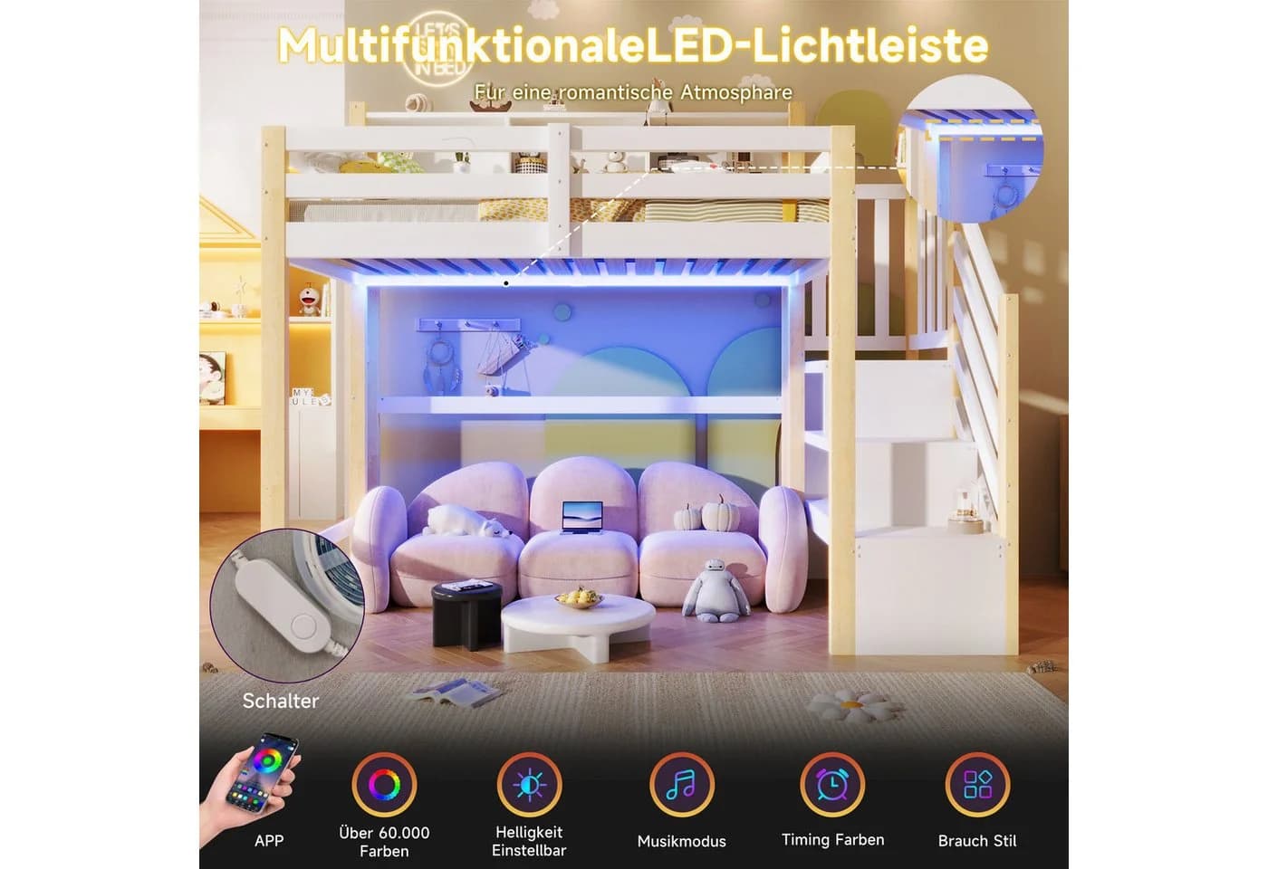 Merax Hochbett 90x200 cm mit LED-Beleuchtung & Stauraumtreppe - Bild 5