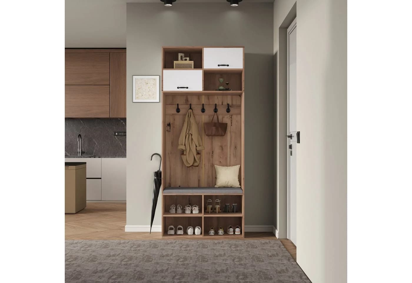 Merax Garderobenschrank mit Sitzbank, 5 Haken, 2 Türen, 6 Fächern - Bild 3