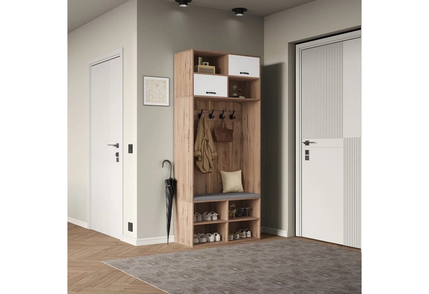 Merax Garderobenschrank mit Sitzbank, 5 Haken, 2 Türen, 6 Fächern - Bild 4