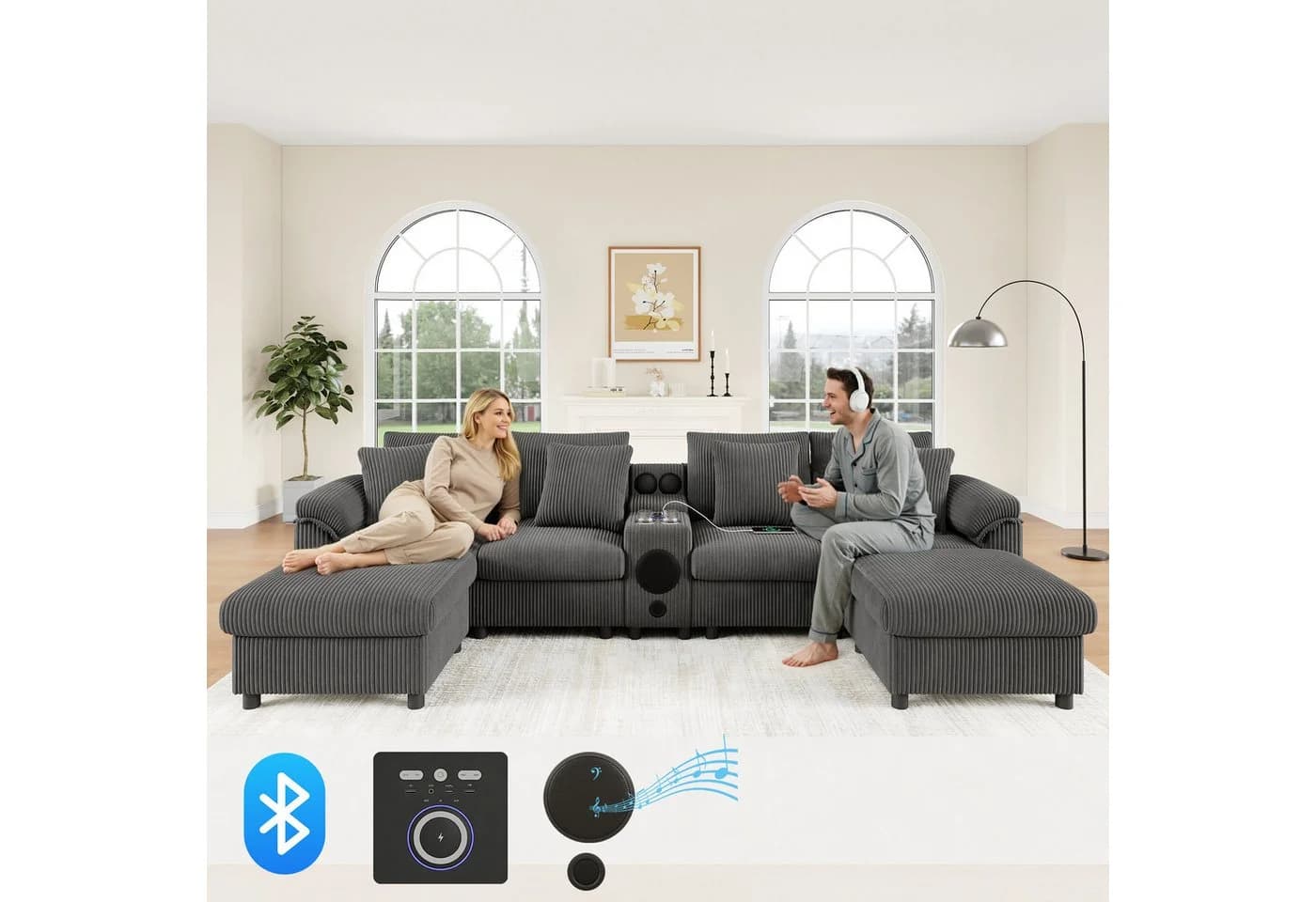 Merax Ecksofa Grau Cordstoff mit Bluetooth & Medienkonsole - Bild 2