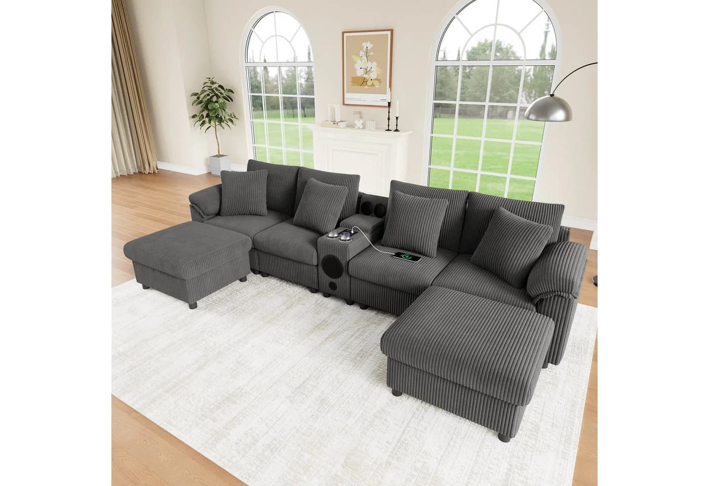 Merax Ecksofa Grau Cordstoff mit Bluetooth & Medienkonsole - Bild 3