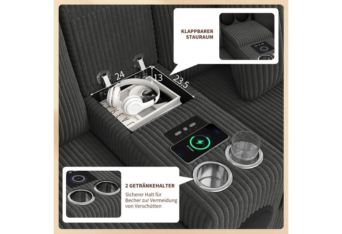 Merax Ecksofa Grau Cordstoff mit Bluetooth & Medienkonsole - Bild 5