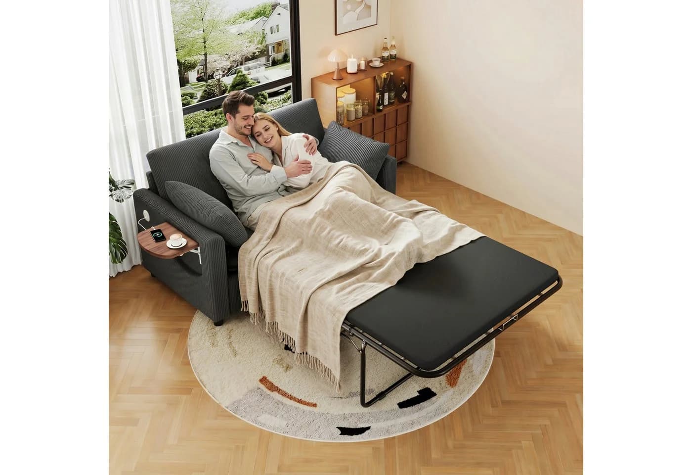 Merax Schlafsofa mit USB-Ladeanschluss und Klapptisch Grau - Bild 2
