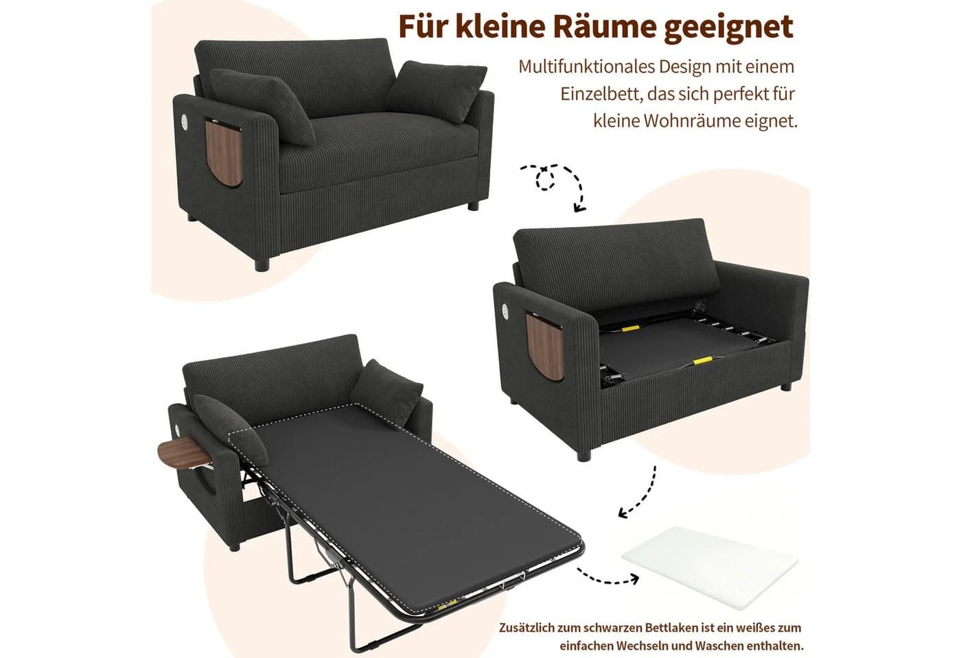 Merax Schlafsofa mit USB-Ladeanschluss und Klapptisch Grau - Bild 5