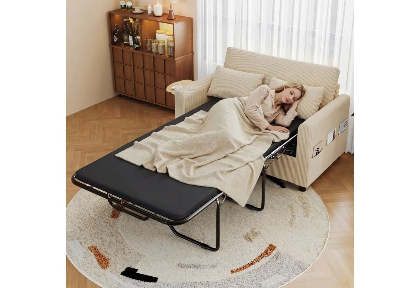 Merax Schlafsofa mit USB-Ladeanschluss und Klapptisch Beige Grau - Bild 4