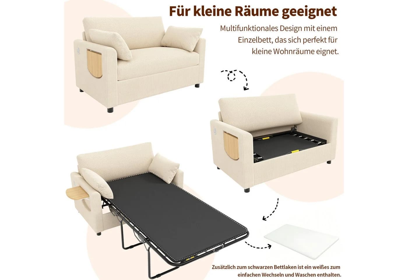 Merax Schlafsofa mit USB-Ladeanschluss und Klapptisch Beige Grau - Bild 5