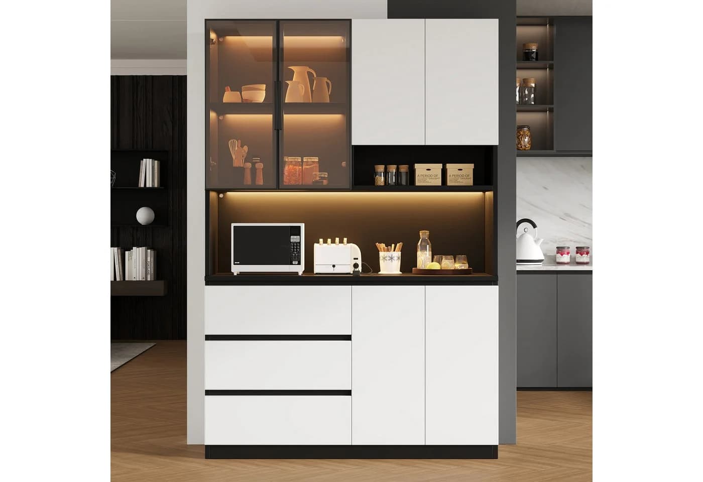 Merax Küchenbuffet mit LED-Beleuchtung, 3 Schubladen, 6 Türen, Schwarz/Weiß