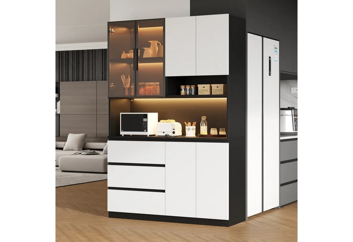Merax Küchenbuffet mit LED-Beleuchtung, 3 Schubladen, 6 Türen, Schwarz/Weiß - Bild 2
