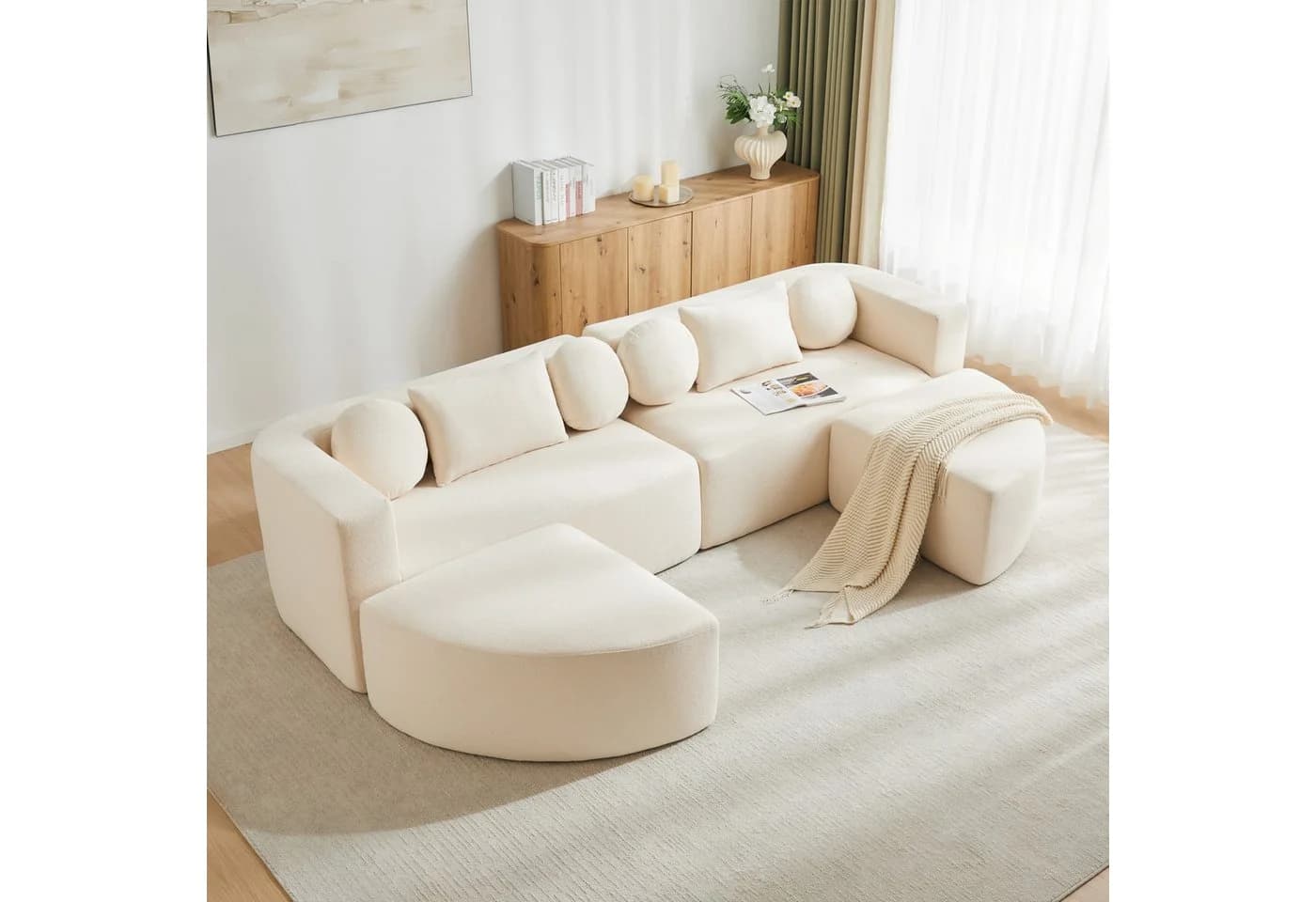 Merax Ecksofa 4-Sitzer Beige Chenille Schlafcouch - Bild 3