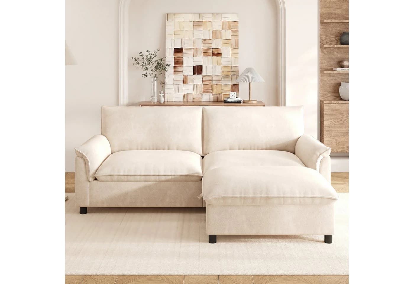 Merax Cloud Sofa 3-Sitzer mit Schlaffunktion und Stauraumhocker Chenille Beige