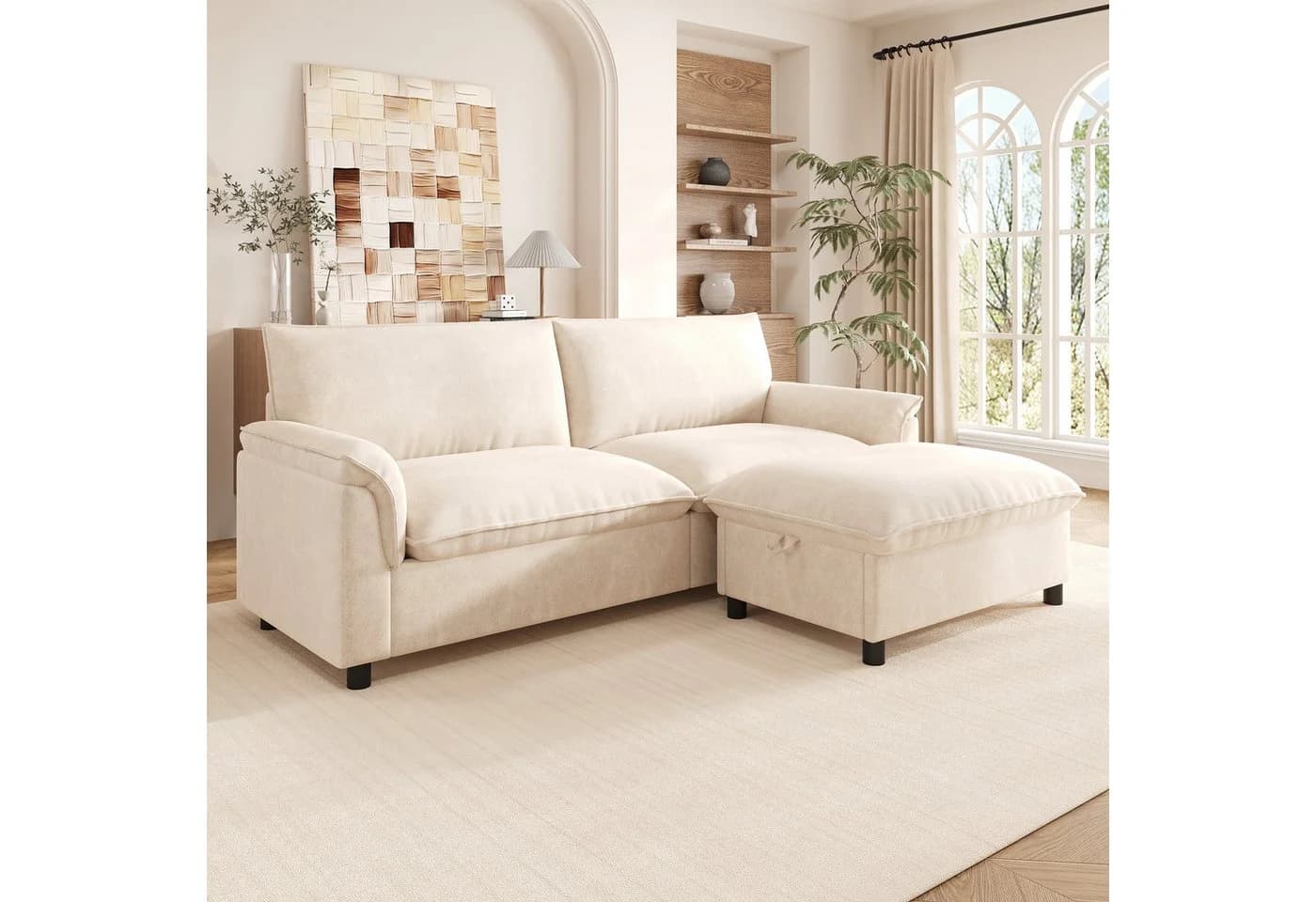 Merax Cloud Sofa 3-Sitzer mit Schlaffunktion und Stauraumhocker Chenille Beige - Bild 2
