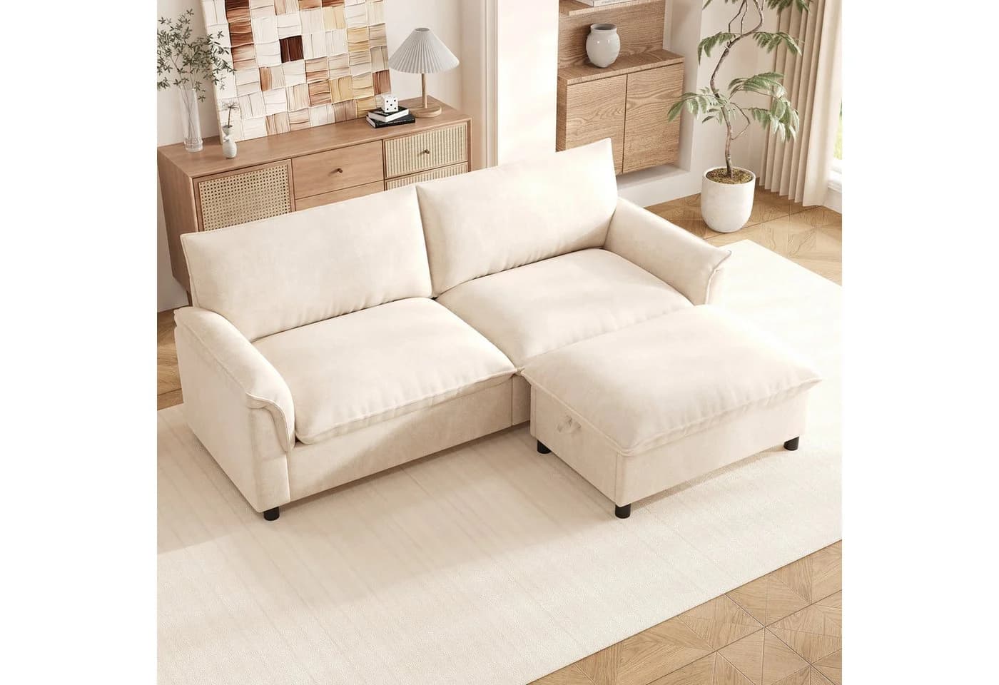Merax Cloud Sofa 3-Sitzer mit Schlaffunktion und Stauraumhocker Chenille Beige - Bild 3
