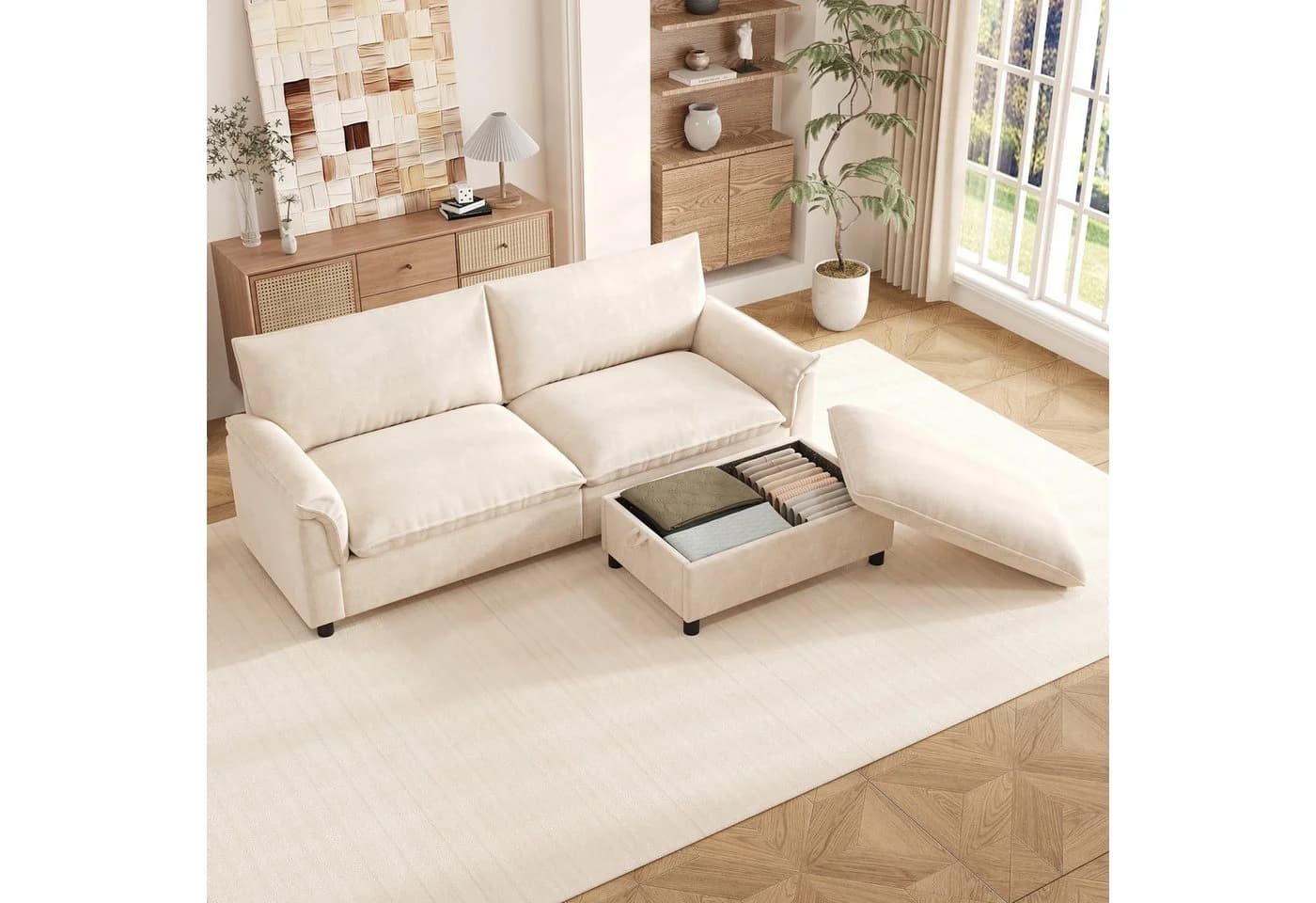 Merax Cloud Sofa 3-Sitzer mit Schlaffunktion und Stauraumhocker Chenille Beige - Bild 4