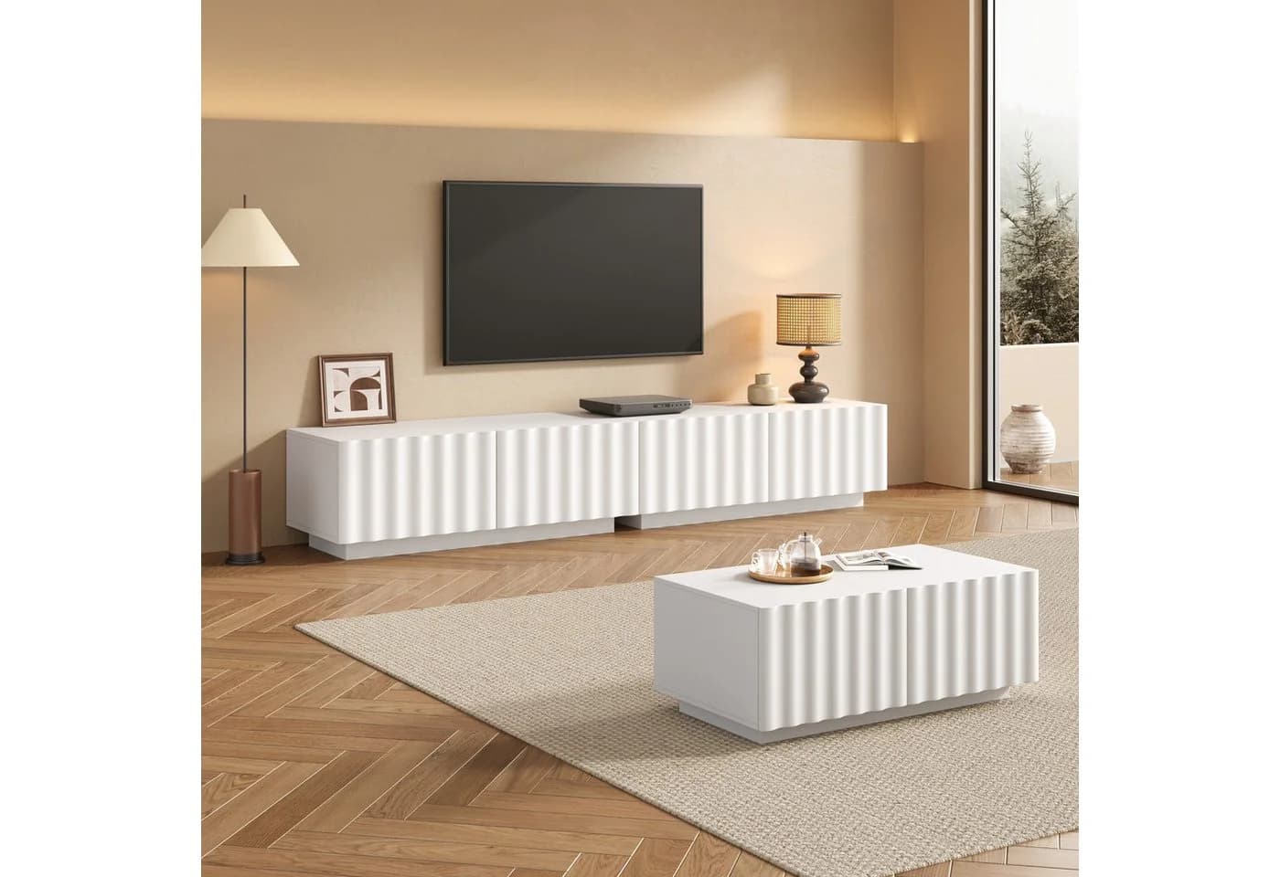 Merax Wohnzimmer-Set TV-Schrank & Couchtisch Weiß Schwarz Wellenoptik - Bild 2