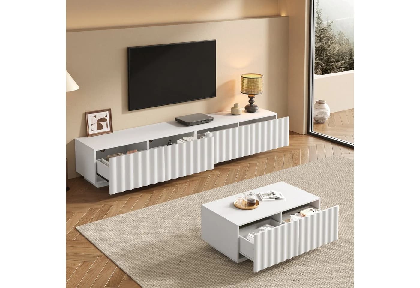 Merax Wohnzimmer-Set TV-Schrank & Couchtisch Weiß Schwarz Wellenoptik - Bild 3