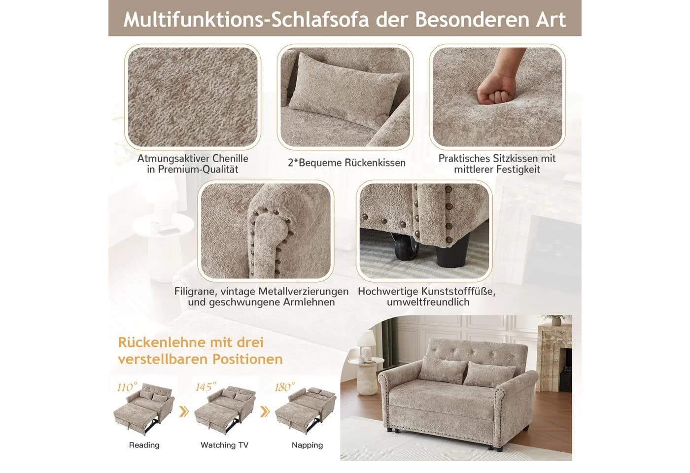 Merax Schlafsofa 2-Sitzer Chenille Braun-Grau mit verstellbarer Rückenlehne - Bild 4