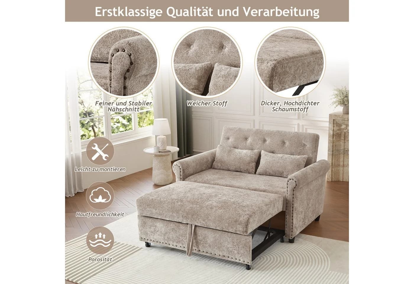 Merax Schlafsofa 2-Sitzer Chenille Braun-Grau mit verstellbarer Rückenlehne - Bild 5