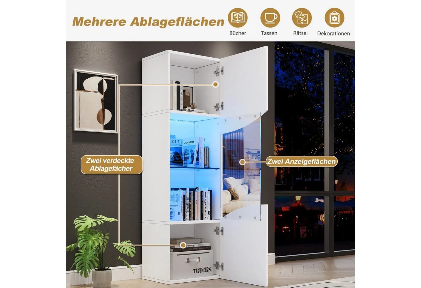 Merax Vitrinenschrank Hochglanz mit LED-Beleuchtung Weiß/Schwarz - Bild 4
