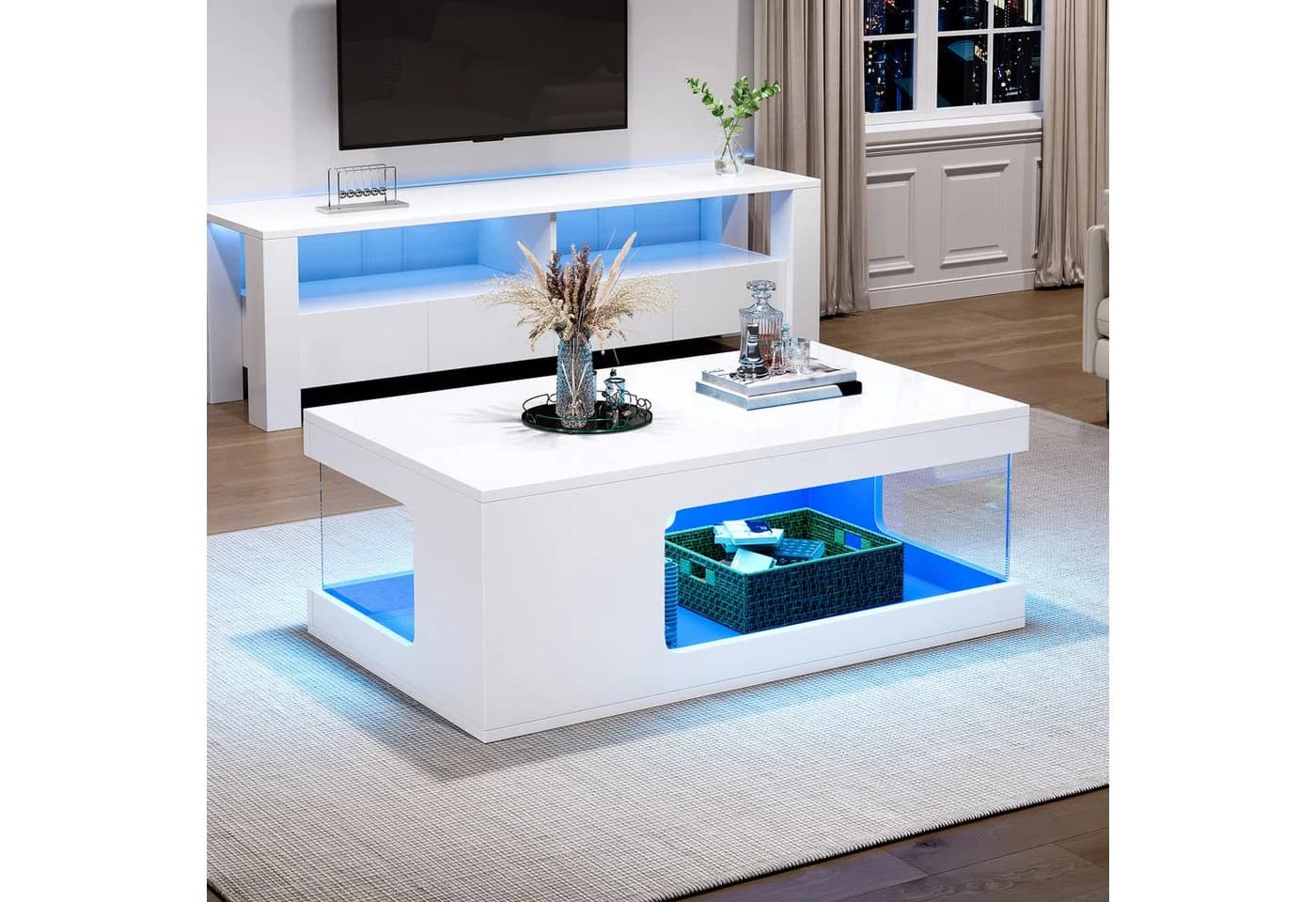 Merax Couchtisch Hochglanz Weiß Schwarz mit LED-Beleuchtung