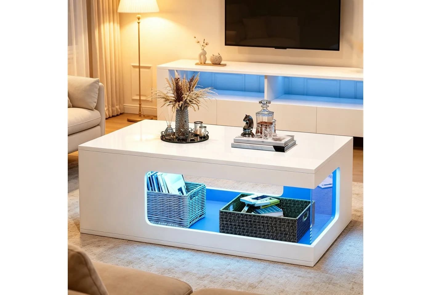 Merax Couchtisch Hochglanz Weiß Schwarz mit LED-Beleuchtung - Bild 2