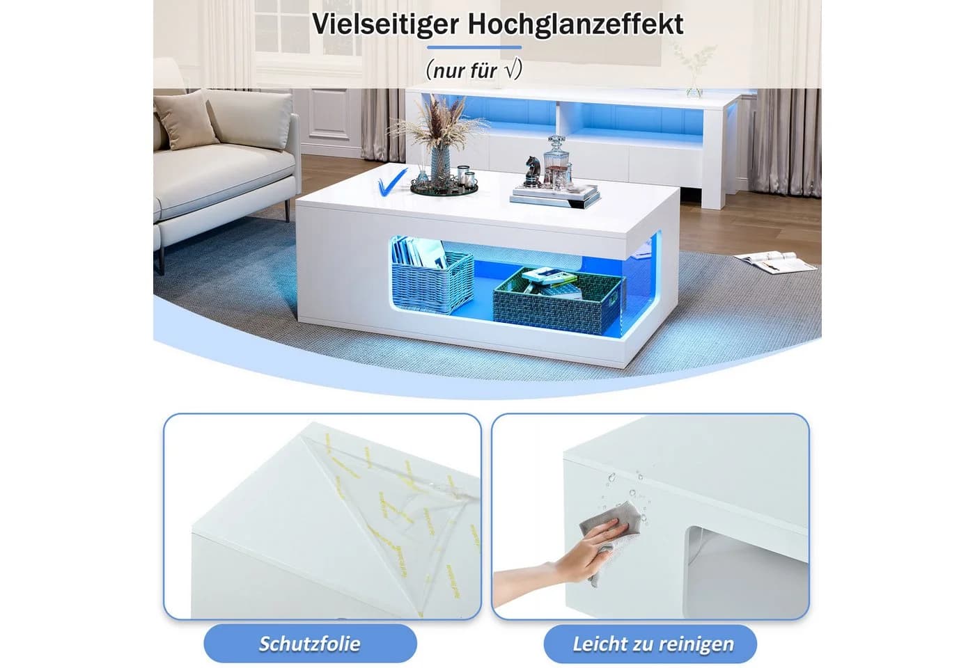 Merax Couchtisch Hochglanz Weiß Schwarz mit LED-Beleuchtung - Bild 4
