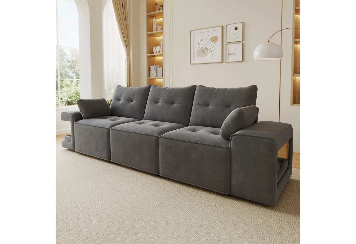 Merax 3-Sitzer Cloud Sofa mit Stauraum, Samtbezug, Beige/Grau - Bild 4