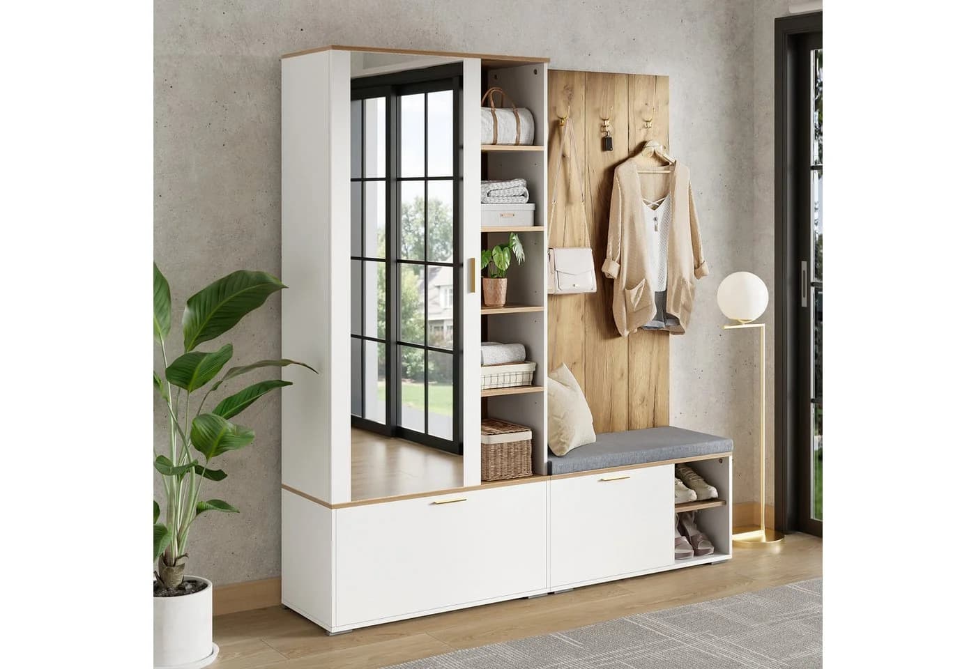 Merax Garderoben-Set mit Schuhschrank, Sitzbank & Spiegel Weiß