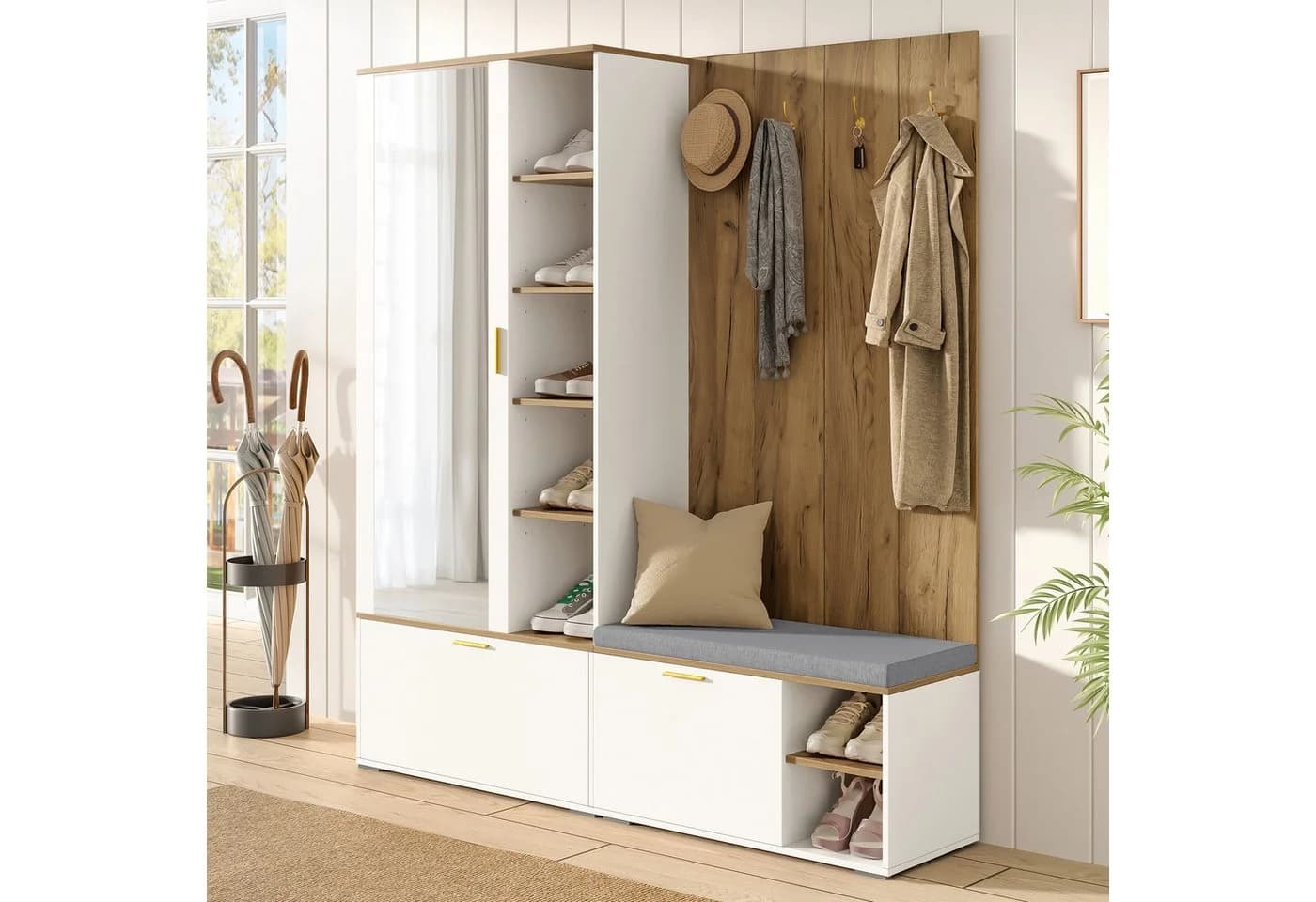Merax Garderoben-Set mit Schuhschrank, Sitzbank & Spiegel Weiß - Bild 4