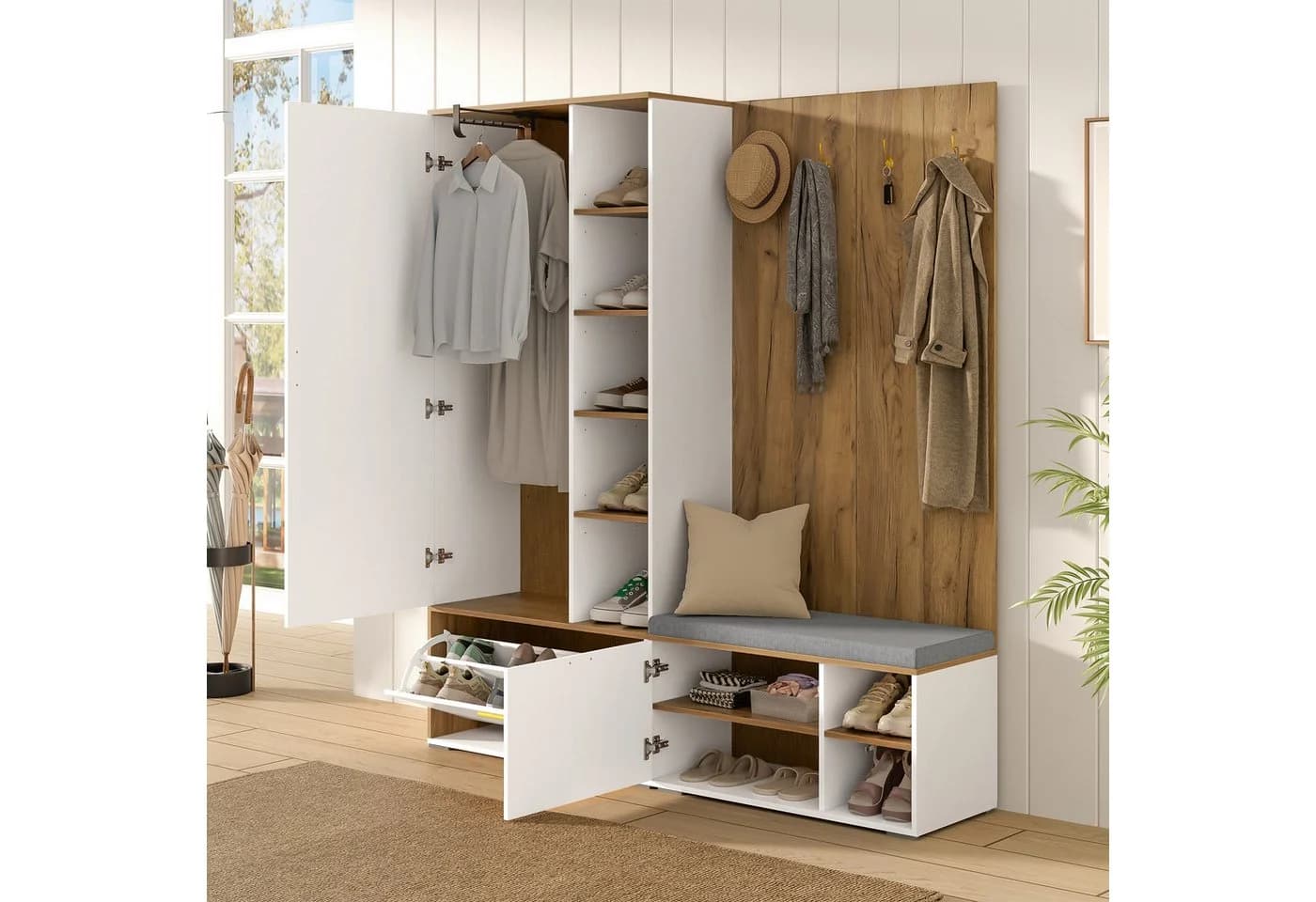 Merax Garderoben-Set mit Schuhschrank, Sitzbank & Spiegel Weiß - Bild 5