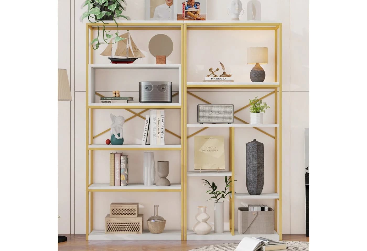 Merax Bücherregal Vitrine Modernes Standregal Mehrfachablagen Metall Weiß/Gold