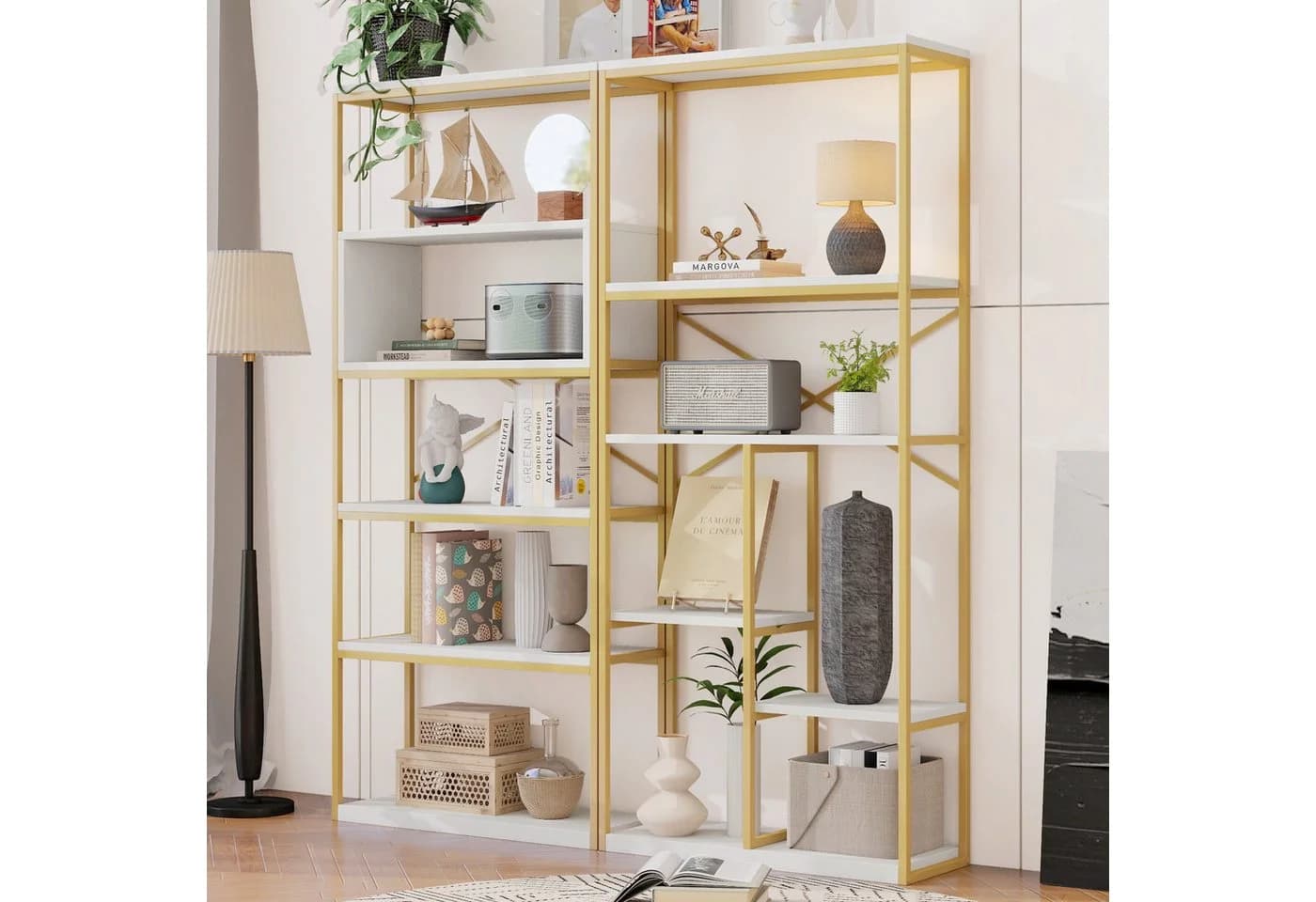 Merax Bücherregal Vitrine Modernes Standregal Mehrfachablagen Metall Weiß/Gold - Bild 2