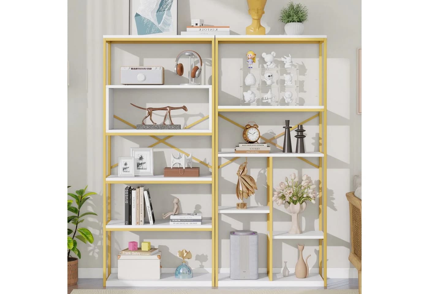 Merax Bücherregal Vitrine Modernes Standregal Mehrfachablagen Metall Weiß/Gold - Bild 4