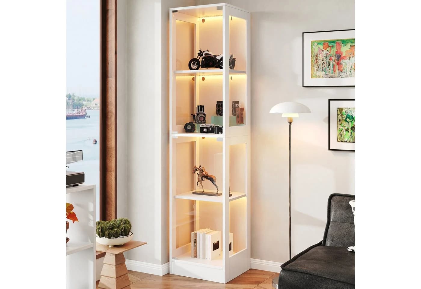 Merax Glasvitrine mit LED-Licht 2 Tür Weiß Schwarz 4 Ebenen