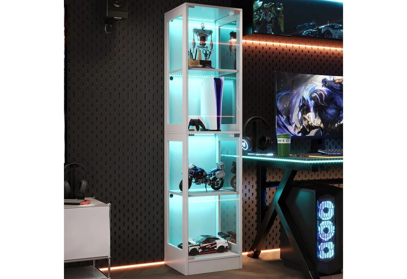 Merax Glasvitrine mit LED-Licht 2 Tür Weiß Schwarz 4 Ebenen - Bild 3