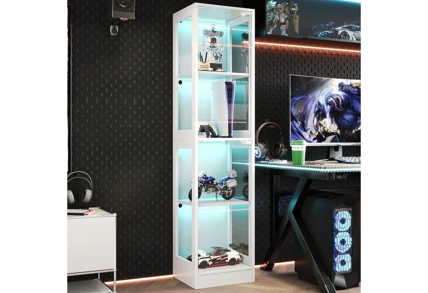 Merax Glasvitrine mit LED-Licht 2 Tür Weiß Schwarz 4 Ebenen - Bild 4