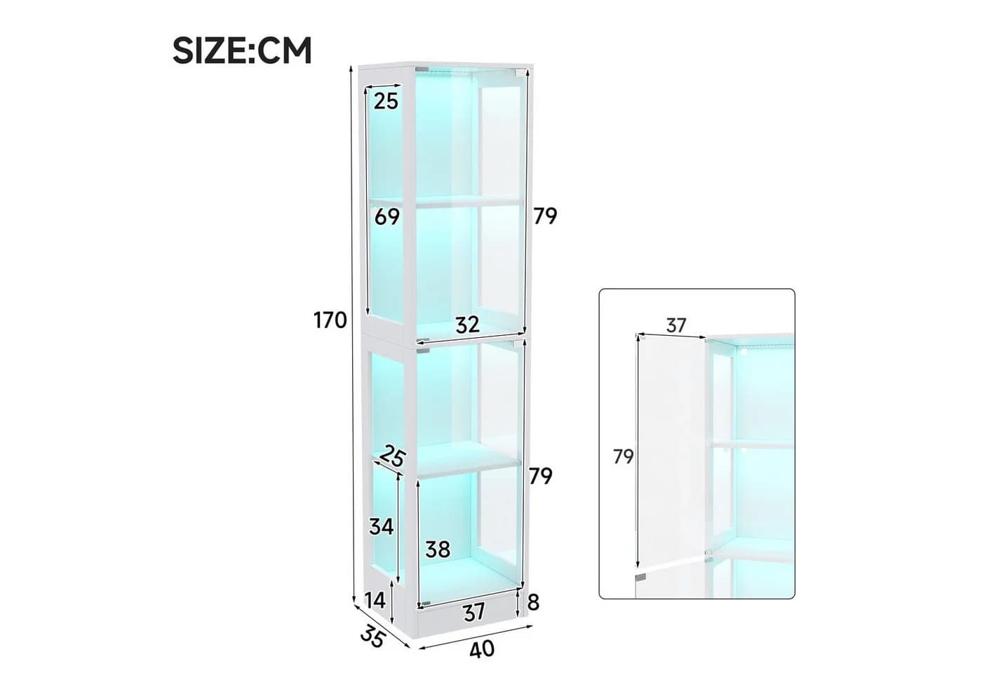Merax Glasvitrine mit LED-Licht 2 Tür Weiß Schwarz 4 Ebenen - Bild 5