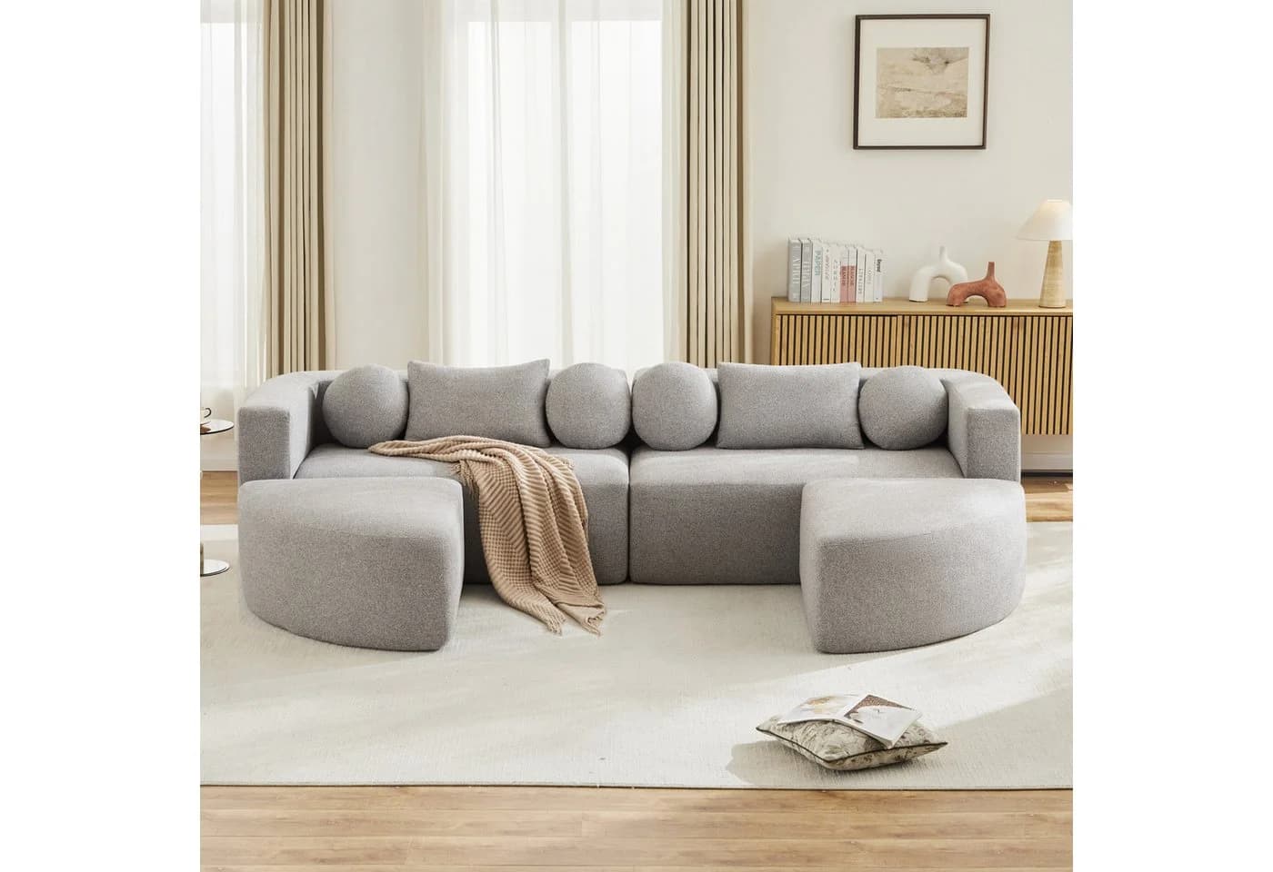 Merax Ecksofa 4-Sitzer Grau Chenille Schlafcouch