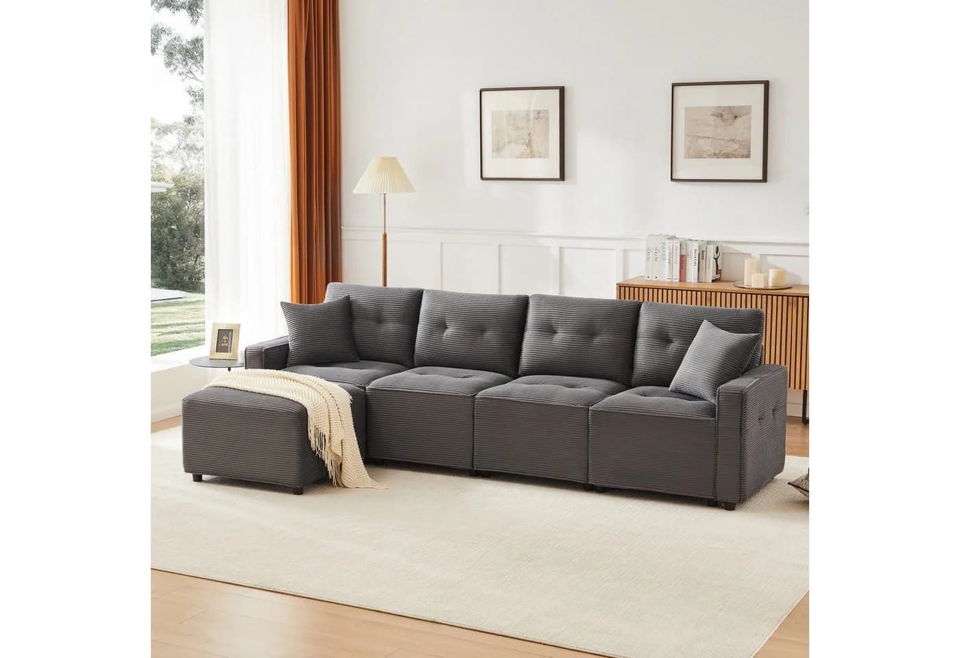 Merax Ecksofa 4-Sitzer Cord mit Stauraum und Hocker - Bild 2