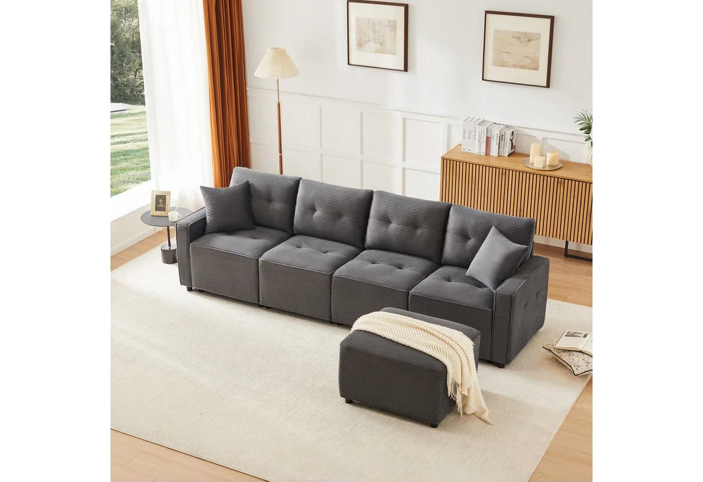 Merax Ecksofa 4-Sitzer Cord mit Stauraum und Hocker - Bild 3