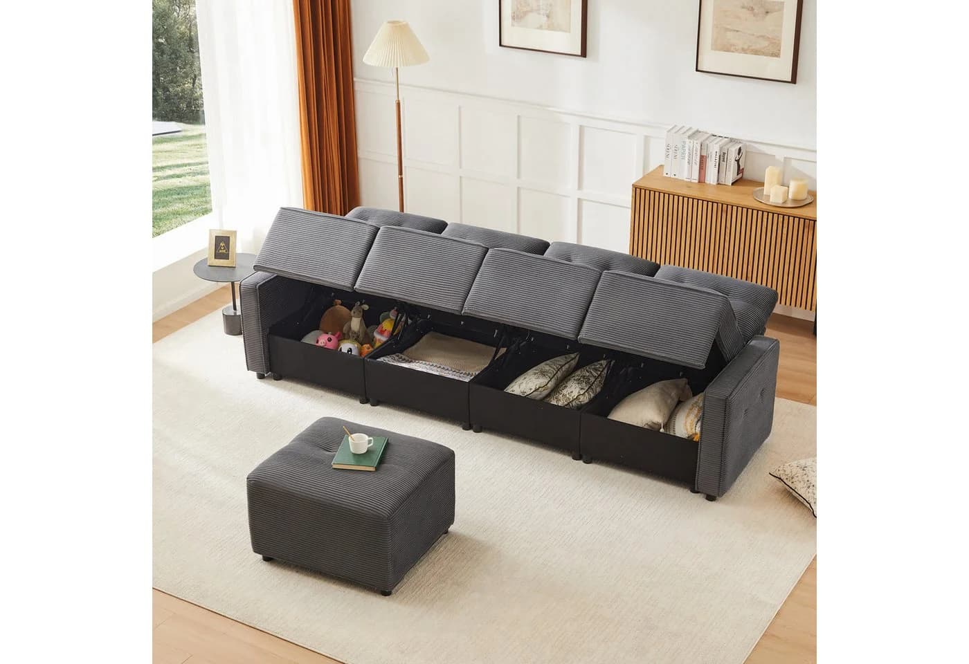 Merax Ecksofa 4-Sitzer Cord mit Stauraum und Hocker - Bild 4