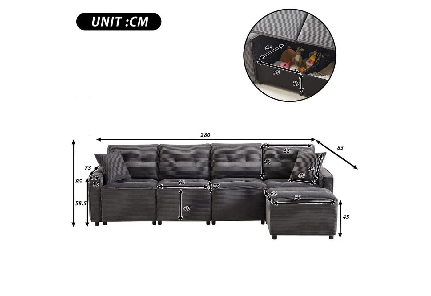 Merax Ecksofa 4-Sitzer Cord mit Stauraum und Hocker - Bild 5