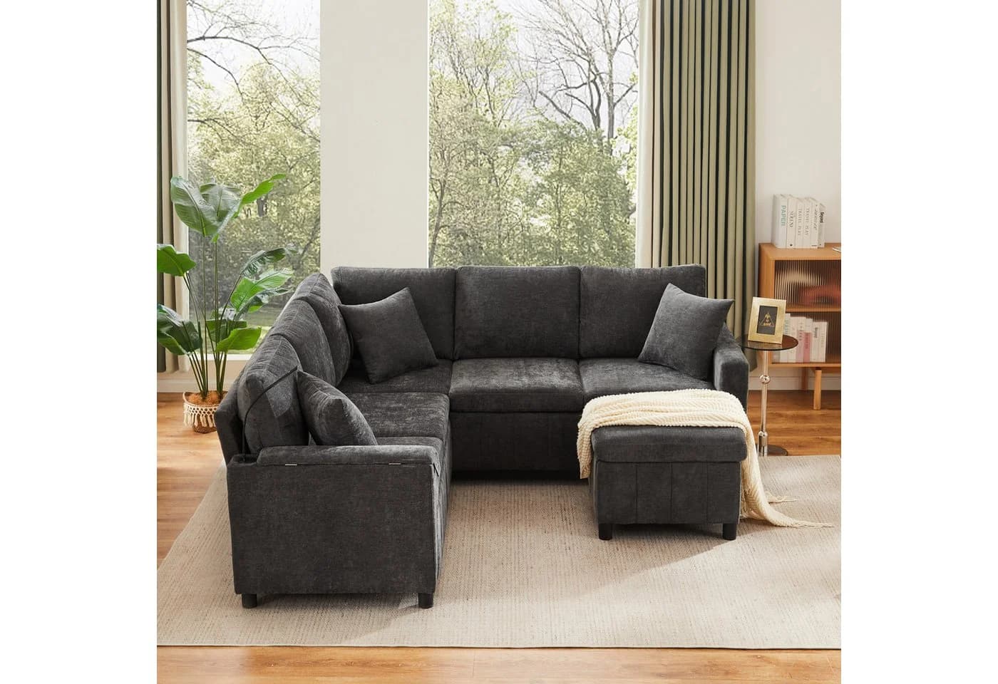 Merax Ecksofa 4-Sitzer Schlafsofa Chenille Beige/Grau - Bild 4